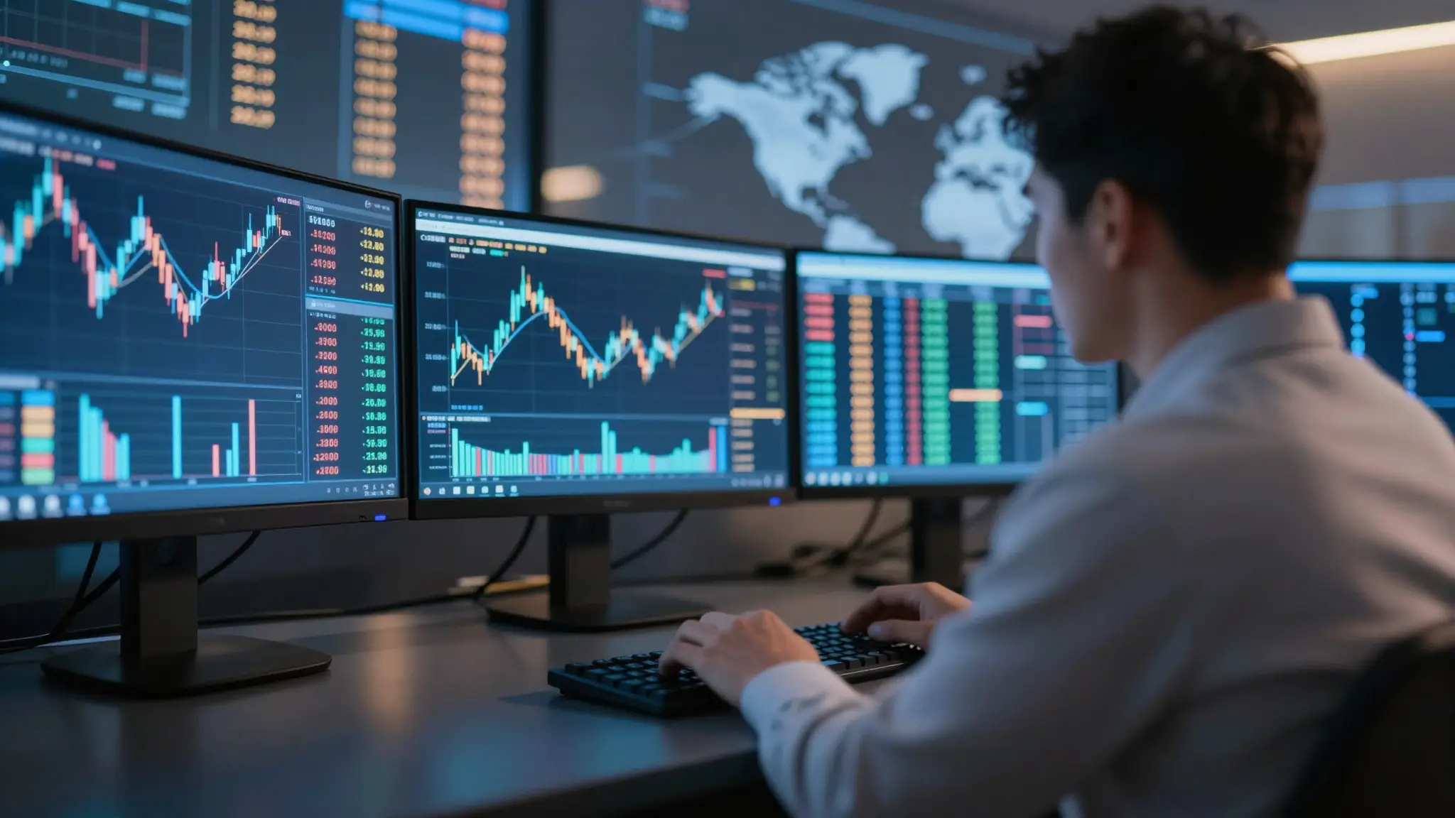 میز معاملات فارکس با نمایشگرهای نمودار قیمت جفتارزها در بازار جهانی تبادل ارز